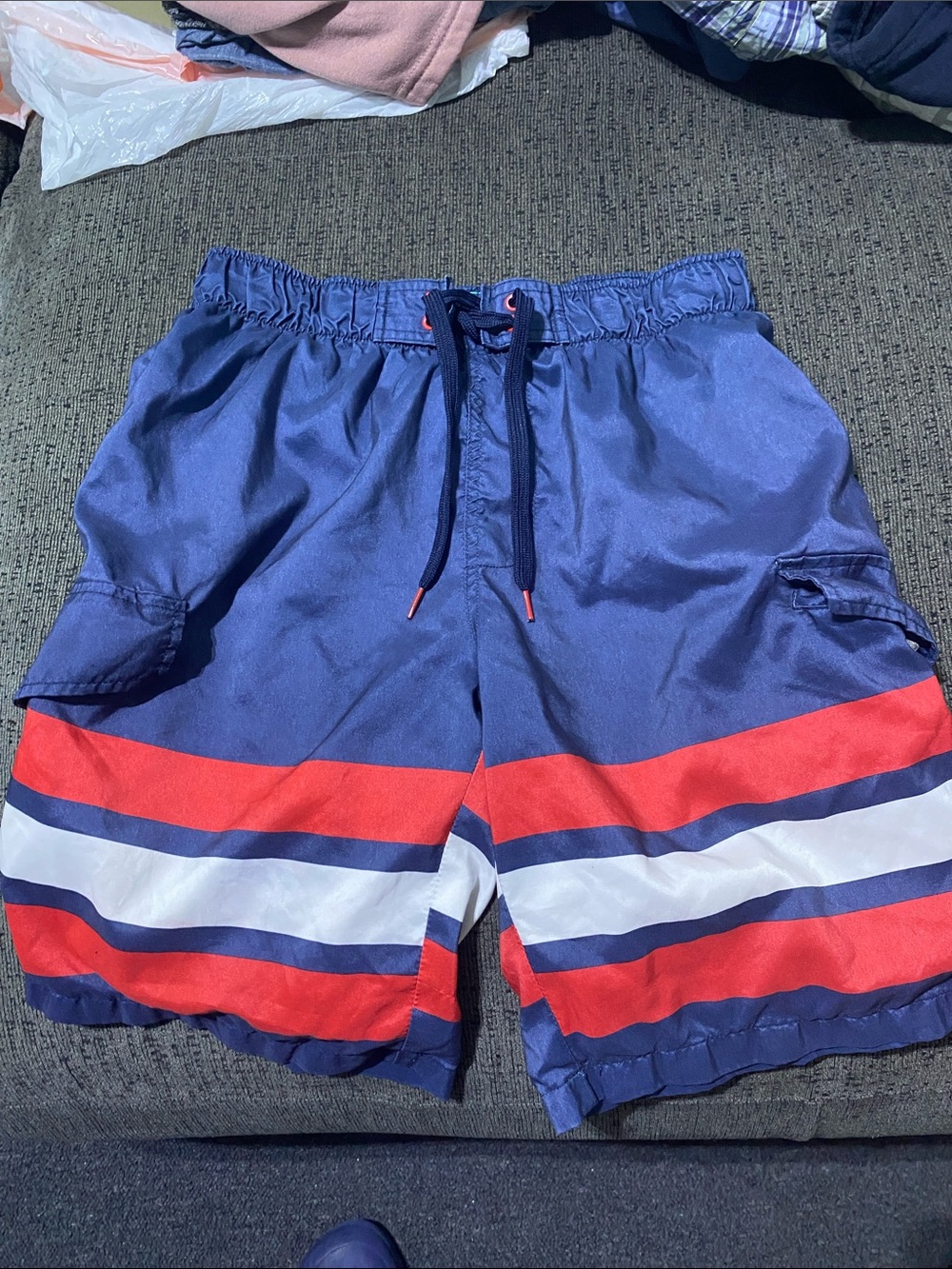 Men's Navy Swim Trunks with Red & White Stripes